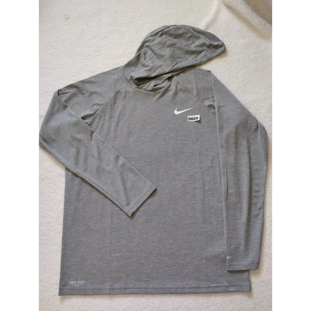 Nike Swim Top Men M Gray Dri-Fit UPF 40+‎ Hooded Athletic Logo Long Sleeves